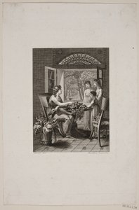 Illustration with women around a table in a conservatory by Meno Haas