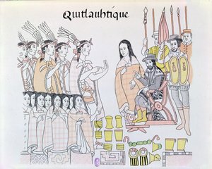 La Malinche Acting as Interpreter during the Presentation of Women and Gold by Montezuma to Hernando Cortes, Illustration from a Facsimile of a Mexican Indian Picture History