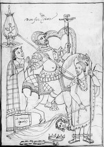 Cortes on Horseback, standing over the defeated Aztec King Moctezuma, illustration from Historia de Tlaxcala by Diego Munoz Camargo by Mexican School