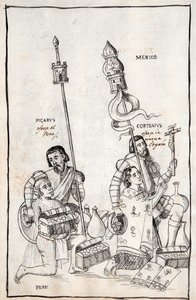 Picarus (Pizarro) Presents Peru and Cortesius (Cortes) Nueva Espana, illustration from Historia de Tlaxcala by Diego Munoz Camargo by Mexican School