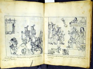 Cortez and Montezuma, from Historia de Tlaxcala by Diego Munoz Camargo