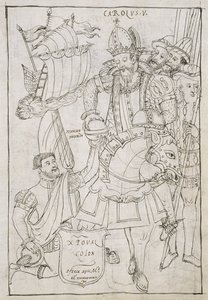Christopher Columbus Symbolically offers the New World to Charles V, from Historia de Tlaxcala by Diego Munoz Camargo by Mexican School