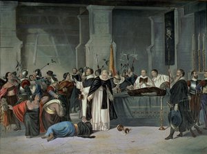 The Funeral of the Inca Atahualpa in the town of Cajamarca attended by Francisco Pizarro by Mexican School