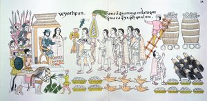 The Tlaxcalan Chieftain, Maxixcatzin, Presents a Bouquet of Roses and Other Gifts to Hernando Cortes as Tokens of Welcome, Illustration from a Facsimile of a Mexican Indian Picture History by Mexican School