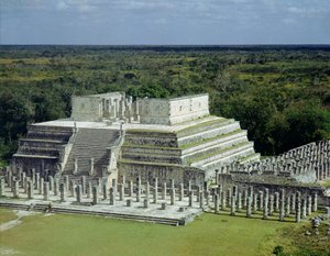 View of the Temple of the Warriors (or 1000 Columns) post 150 AD by Mexican School