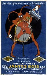 Red devil in front of a bike wheel illustrating an ad for the wooden rims of Laroche (Nanterre) establishments (engraving)