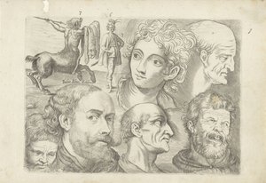 Study Sheet with Drawing Examples: Centaur, Standing Figure and Heads by Michael Snijders