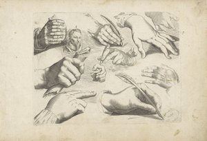 Study Sheet with Drawing Examples: Hands and Portrait of Hendrick Goltzius by Michael Snijders