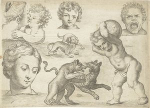 Study Sheet with Drawing Examples: Heads and Fighting Animals (series title: Drawing Examples)