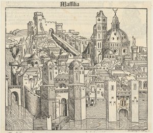 Fantasy View of the City of Marseille [recto], Three Portraits (Phereades, Pythagoras, and Sappho) [verso]