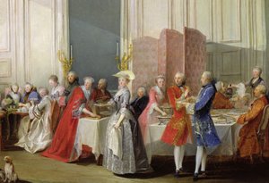 English Tea in the Salon des Quatre Glaces at the House of the Prince de Conti, Palais du Temple, detail of the guests, 1766