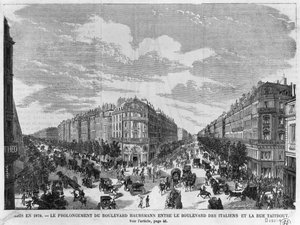 Paris in 1878, Boulevard Haussmann extended between Boulevard des Italiens and rue Taitbout, engraved by Louis Dumont
