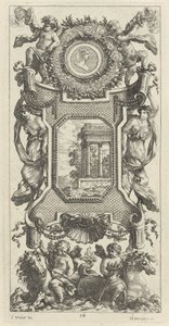 Ornamental Panel Surmounted by a Bust of a Woman and Two Putti with Flaming Trumpets by Michel Dorigny, after Simon Vouet