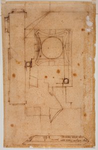 Section of capital, facade plan and sketches with autograph notations of measurements