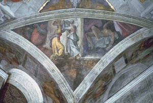 Sistine Chapel Ceiling: Judith Carrying the Head of Holofernes (spandrel) (pre restoration)