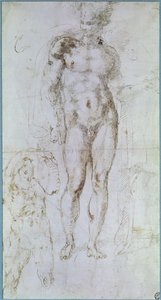 Study for Apollo standing nude with a cloak draped over his shoulders and the figure of a man carrying a burden by Michelangelo Buonarroti