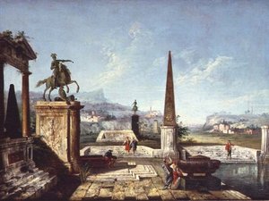 A Capriccio of Classical Monuments, an Obelisk with Soldiers by a Pool and Mountains Beyond