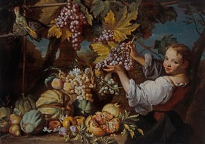 A Young Girl Presenting a Bunch of Grapes with a Still Life of Fruit by Michele Pace del Campidoglio
