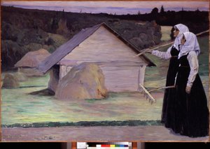 Summer. Two women carrying their rake, in the evening after field work, walk in front of haystacks and wooden huts. Painting by Mikhail Vasilyevich Nesterov by Mikhail Vasilievich Nesterov