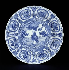 Blue and white kraak platter painted with Li Tiegvai crossing the sea on a double gourd, Wanli period, 1594-1610 by Ming Dynasty Chinese School
