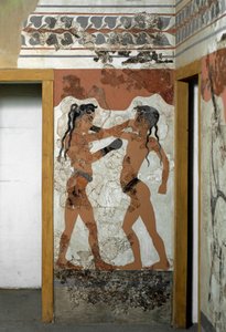 Fighting between two boxers. Fresco from Akrotiri, Santorini. 16th century BC