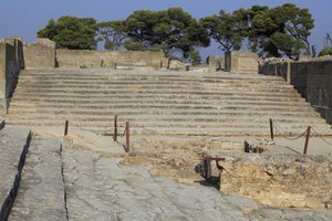 Minoan archaeological site of Phaistos. Staircase starting in the west court and leading to The Propylaea, the principal and the most impressive entrance to the new palace and steps which formed the seats of the theatrical area, used for religious events a