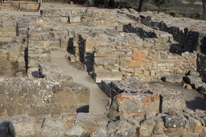 Minoan archaeological site of Phaistos. View over the North East Complex. Complex of four rooms directly adjoining the old palace. These rooms were used to store valuable ritual vessels. The famous 