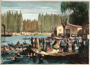 Swimming at La Grenouillere, just outside Paris - La Grenouillere at Croissy-sur-Seine in 1869 - after Miranda by Miranda Miranda