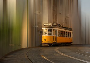 Yellow Tram in Motion