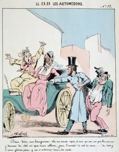 Cartoon of transport in the city. A coachman takes a drunk friend into the carriage next to two horrified bourgeois women. Drawing by Moloch (1849-1909), around 1860.