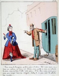 Cartoon of transport in the city. The coachman rebukes a bourgeois who goes to the park while her husband asked the driver to drive her to another place. Drawing by Moloch (1849-1909), around 1860.