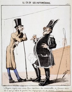 Cartoon of transport in the city. Two coachmen talk over a glass of alcohol instead of taking passengers. Drawing by Moloch (1849-1909), around 1860.