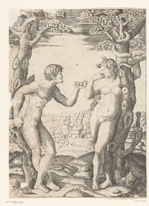 The Fall of Adam and Eve at the Tree of Knowledge of Good and Evil with Serpent by Monogrammist NF (graveur)