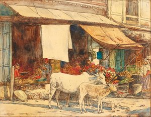Cattle Outside an Indian Fruit Stall by Mortimer Ludington Menpes