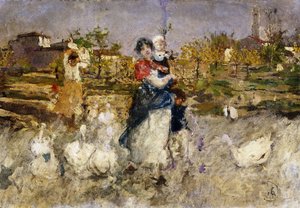A Mother and Child with Geese