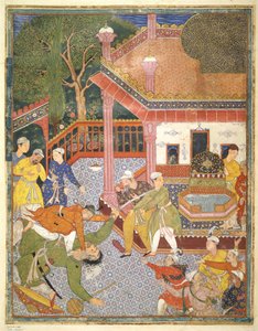 A hero slays a giant before a crowd of onlookers in a courtyard, illustration from the Hamza Nama by Mughal School