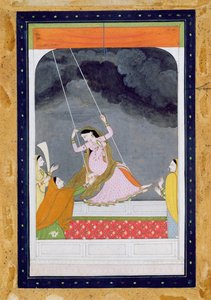 A lady on a swing, Kangra, Punjab hills by Mughal School