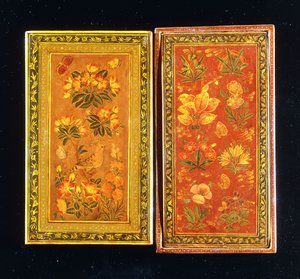 A Pair of Safavid Dynasty Mirror Cases, Painted with Floral Designs, One with a Perched Hoopoe by Muhammad Zaman