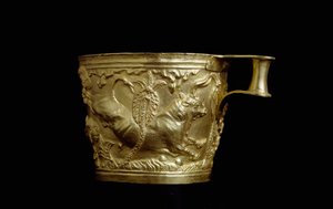 Gold cup decorated with a bull relief from Vaphio by Mycenaean