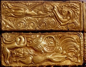 Lion hunting deer in a forest (detail) by Mycenaean