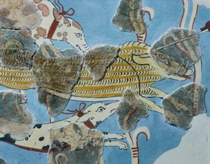 Fresco from Tirinto Palace (Greece). Detail: Group of Dogs Attacking a Wild Boar. Mycenaean Civilization by Mycenean