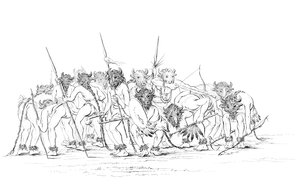 Native American hunters dancing wearing buffalo masks