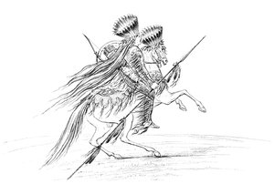 Native American male with weapons and headdress, riding a horse