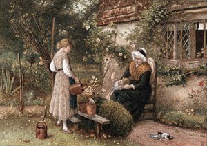 Youth and Age. Chromolithograph after painting by Myles Birkett Foster, English artist, published London 1866 by Myles Birket Foster