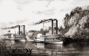 Steamboats racing on the Mississippi river, USA by N. and Ives J.M. Currier