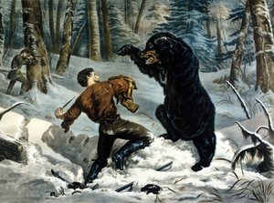 The Life of Trappers in Canada: A Hunter is attacked by a Grizzly Bear. Illustration by Yves and Currier.