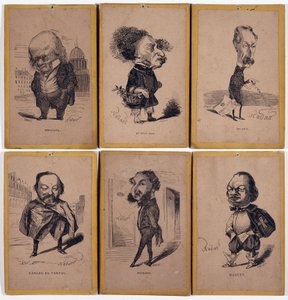 6 Charge Portraits: Pierre Jean de Beranger (1780-1857) French songwriter, Alexandre Dumas fils (1824-1895), Louis Adrien Huart (1813-1865) French journalist, writer and theatre director, Gerard de Nerval (1808-1855), French writer, Charles Matharel de Fie by Nadar
