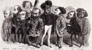 Portraits of writers Paul de Kock (1793-1871), Emile Augier (1820-1889), Eugene Scribe (1791-1861), Felix Nadar, Alphonse Karr (1808-1890), Alexandre Dumas pere (1802-1870) and Alexandre Dumas Jr. (1824-1895), Joseph Mery (1798-1866) and Leon Gozan (1803-1
