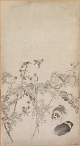 Puppies, Sparrows and Chrysanthemums by Nagasawa Rosetsu