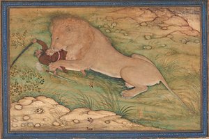Perils of the Hunt, A Lion Pounces on a Hunter, c.1615 by Nanha